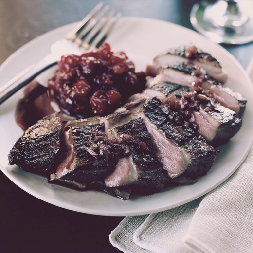 Black Pepper Crusted Duck Breast with Cherry Reduction Sauce